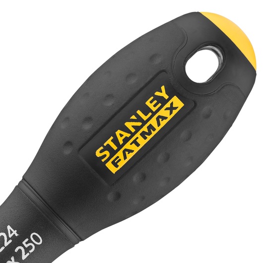 STANLEY 0-65-224 screwdriver handle close-up showing black textured grip with yellow tip and FATMAX logo.
