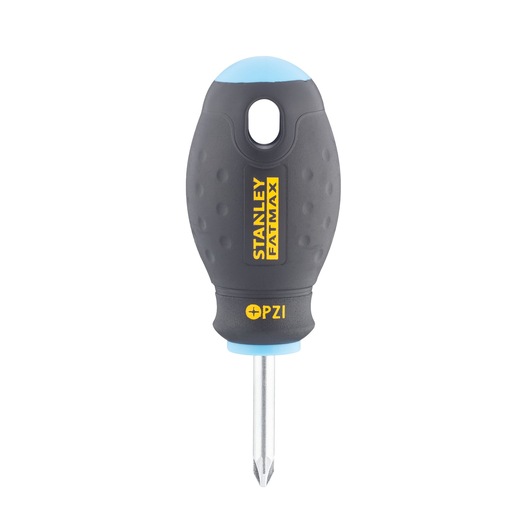 Photo of STANLEY 0-65-408 stubby PH2 screwdriver with black and blue handle, front angle.