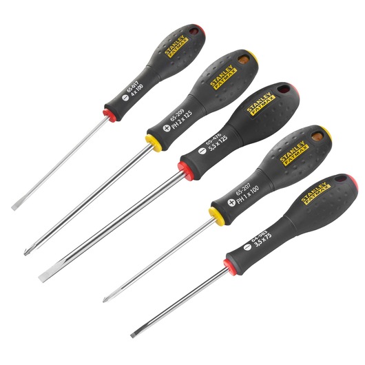 Stanley screwdriver set with five screwdrivers featuring black handles and varying blade sizes.