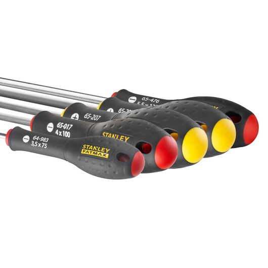 Set of STANLEY FATMAX screwdrivers with ergonomic black handles and color-coded ends, arranged side by side.