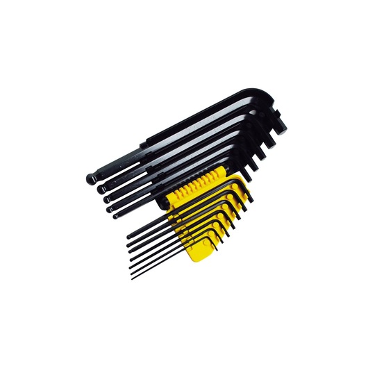 STANLEY 0-69-257 hex key set with black L-shaped wrenches and yellow holder, front angle on white background.