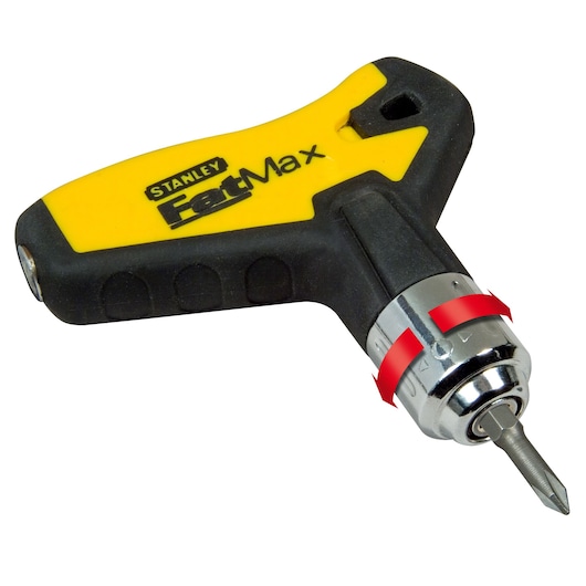 STANLEY 0-79-153 ratcheting screwdriver with yellow and black ergonomic handle, front angle on white background.