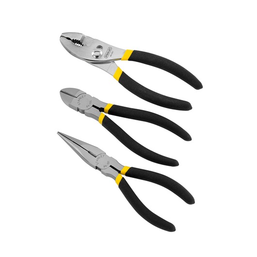Set of three STANLEY pliers with black and yellow handles for various gripping and cutting tasks.