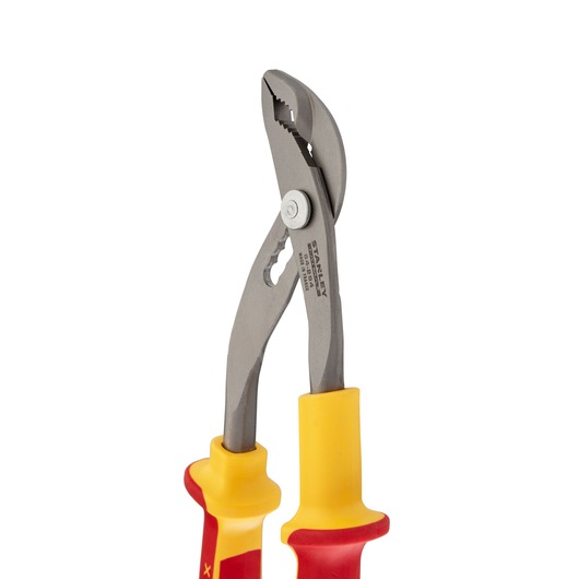 STANLEY 0-84-294 insulated groove joint pliers with red and yellow handles, front angle on white background.