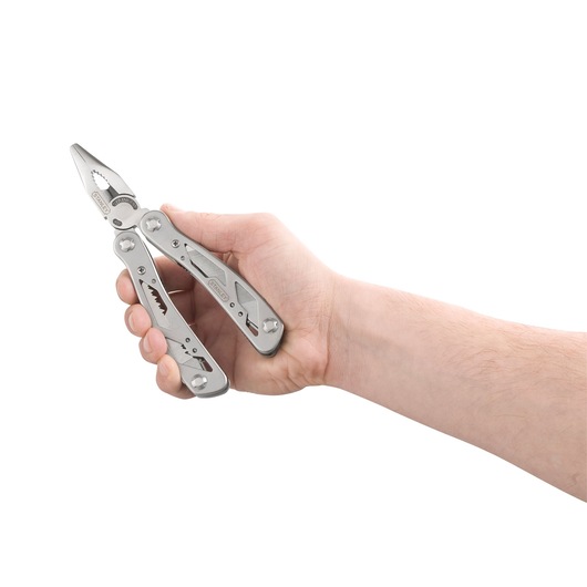 Photo of STANLEY 0-84-519 multi-tool with pliers, silver, shown in a hand, on white background.
