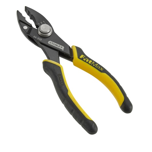 Stanley FatMax adjustable pliers with black and yellow handle on white background.