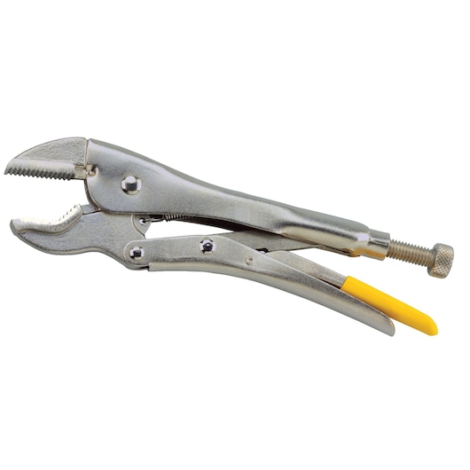 STANLEY 0-84-814 curved jaw locking pliers with metallic finish and yellow grip, side view on white background.