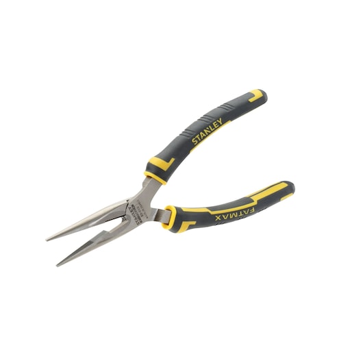 Stanley long nose pliers with black and yellow grip handles, used for precision tasks and bending wires.