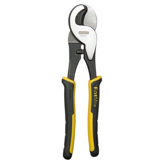 STANLEY 0-89-874 cable cutter with black and yellow handles, front angle on white background.