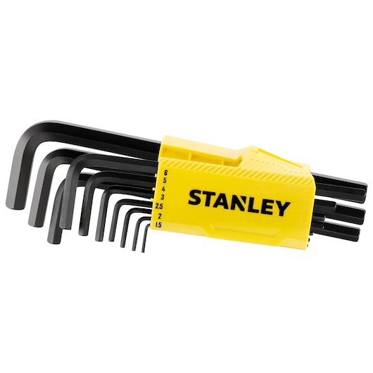 STANLEY 0-89-904 hex key set with yellow holder, black L-shaped keys, front angle on white background.
