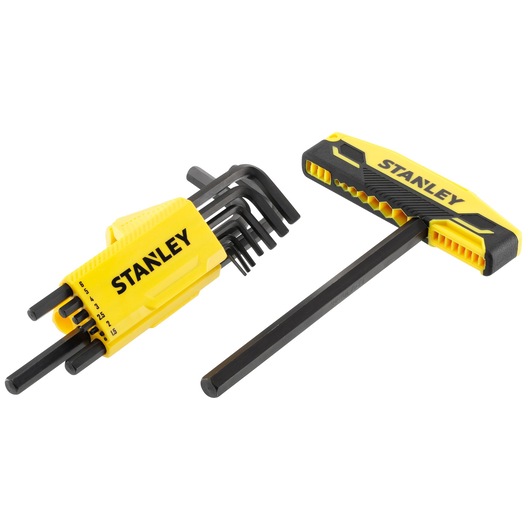 Photo of STANLEY 0-89-904 hex key set and T-handle hex key on white background, yellow and black handles.