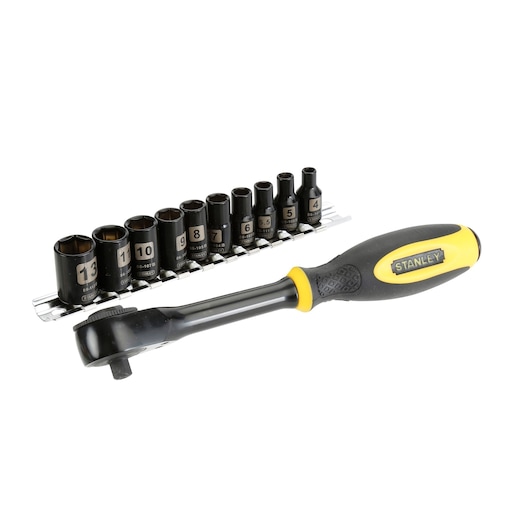 Stanley ratchet wrench with a set of nine metric sockets on a metal rail.