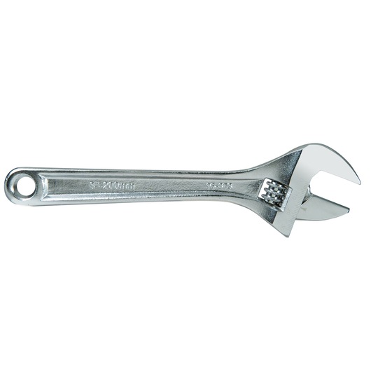 STANLEY 0-95-873 adjustable wrench, chrome finish, hand tool, side view on white background.