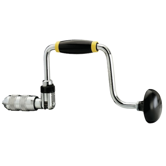 Hand-operated metal brace drill with ergonomic handle for woodworking or DIY tasks, shown against a white background.