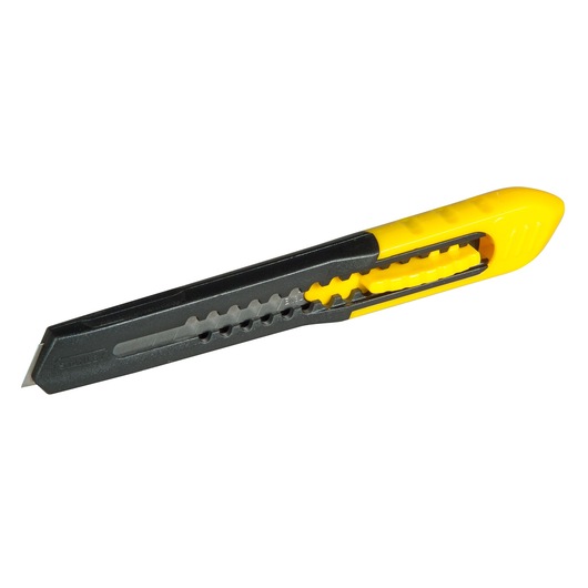 Stanley utility knife with a retractable blade, black and yellow handle, shown on white background.