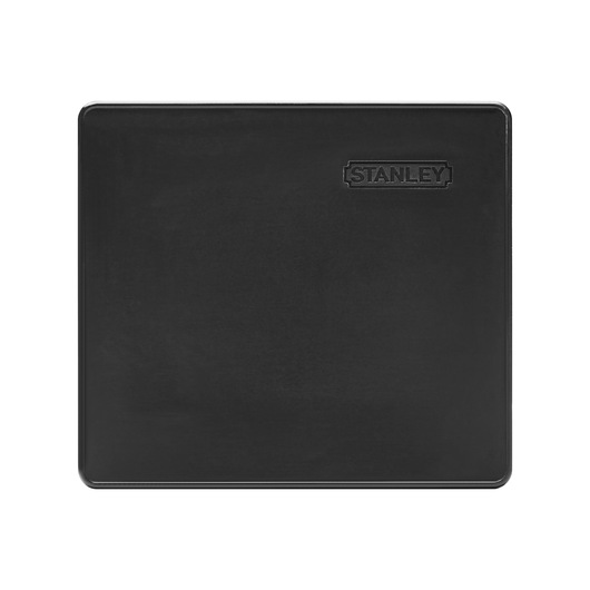 Photo of STANLEY 1-11-983 black rubber kneeling pad, rectangular, top view, with embossed STANLEY logo.