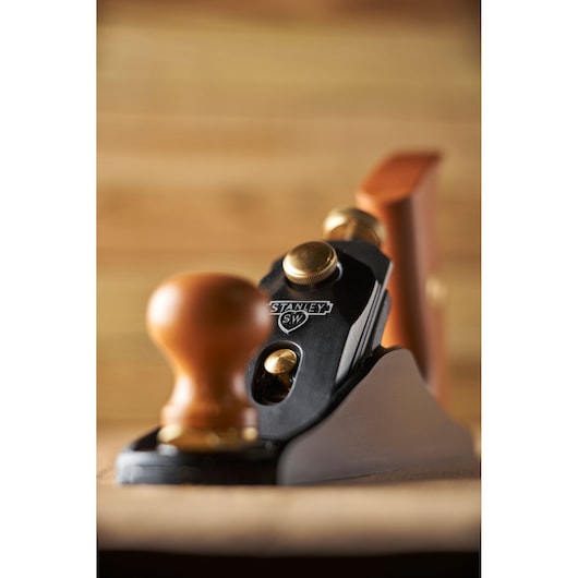 STANLEY 1-12-136 hand plane photography, close-up showing wood and metal details.