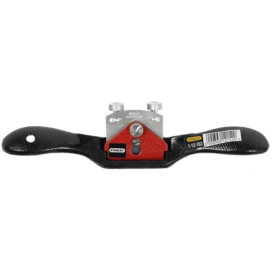 Stanley spokeshave tool with black handles, red metal body, and adjustable blade, SKU 1-12-152.