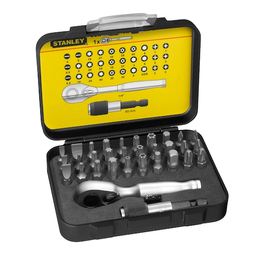 STANLEY 1-13-904 bit and ratchet set in black case, includes assorted screwdriver bits and ratchet, front angle.