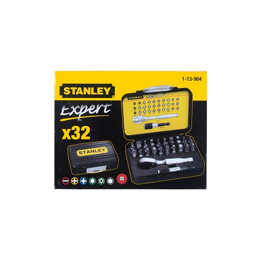 STANLEY 1-13-904 32-piece expert bit and socket set in yellow and black case, packaging front view.