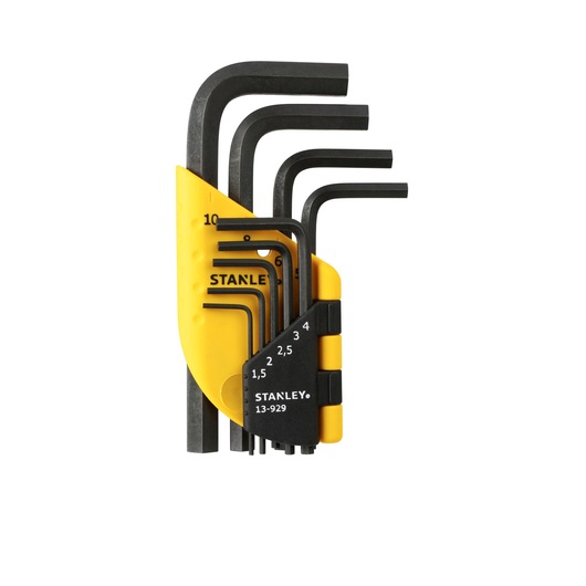 STANLEY 1-13-929 hex key set with yellow and black holder, front angle, all keys organized by size.