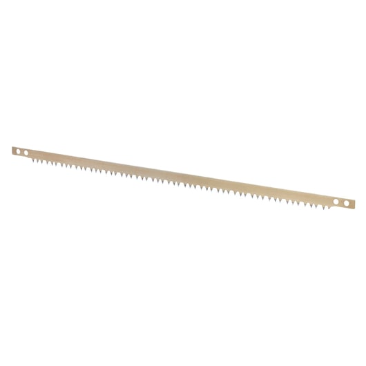 Metal saw blade with sharp teeth and two holes at each end, shown on a white background.