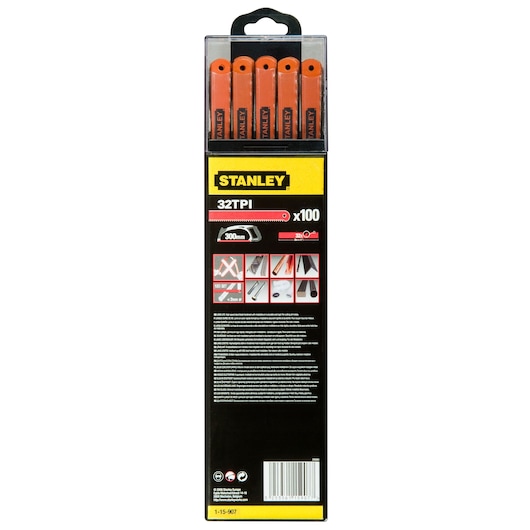 STANLEY 1-15-907 hacksaw blade pack, 32 TPI, 300mm, black and yellow packaging, rear view on white.