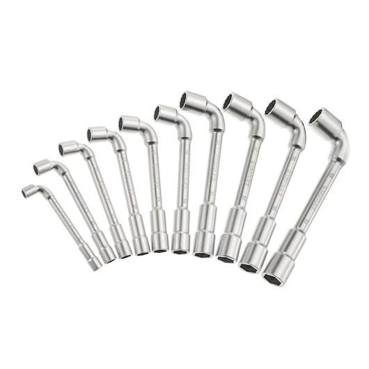STANLEY 1-17-387 set of 10 offset box wrenches arranged in a fan shape, silver finish, white background angle.