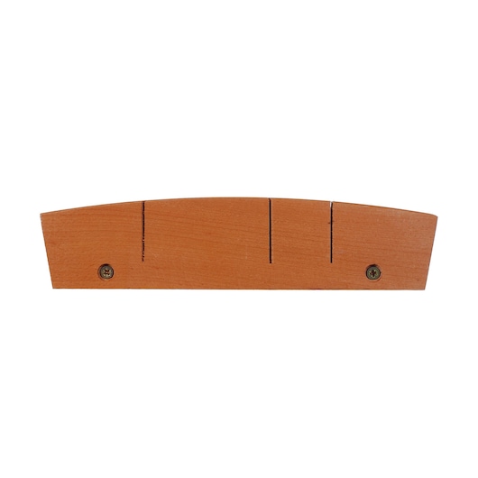 STANLEY 1-19-191 wooden mitre box, rectangular with three saw guide slots, front angle on white background.