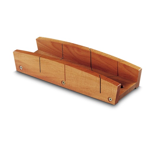 Wooden mitre box with angled slots for precise cutting. Ideal for use with hand saws in woodworking tasks.