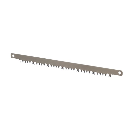 Metal saw blade with sharp teeth and holes at both ends, shown on a white background.