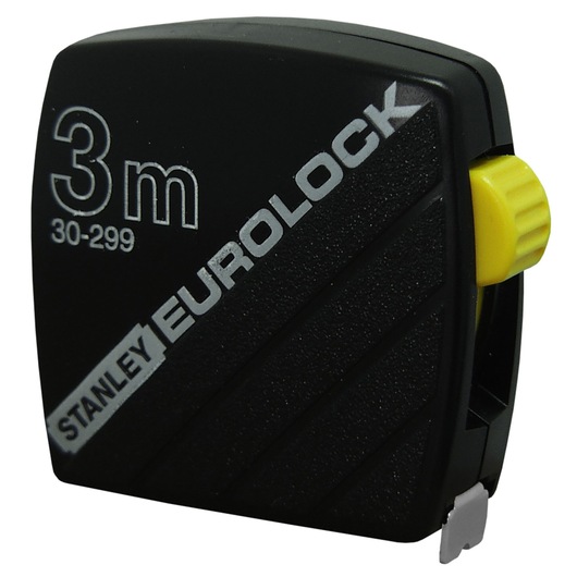 Stanley Eurolock 3m tape measure, black casing with yellow button, model 1-30-299.