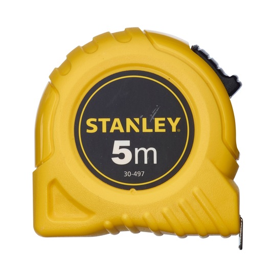 Stanley yellow tape measure, 5m length, SKU 1-30-497, with black and yellow casing.