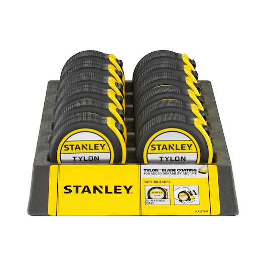 Photo of STANLEY 1-30-696 tape measures in yellow and black display tray, front angle.