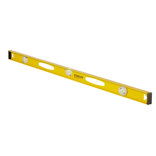 STANLEY 1-42-923 yellow spirit level with three vials, photography, angled on white background.
