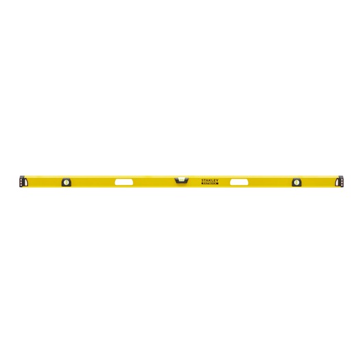 Yellow Stanley spirit level tool with three vials and two handles, used for precise leveling in construction.