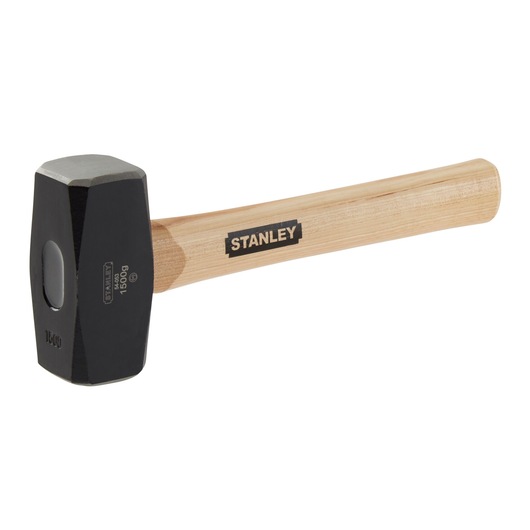 Stanley sledgehammer with wooden handle and metal head, shown on a white background.