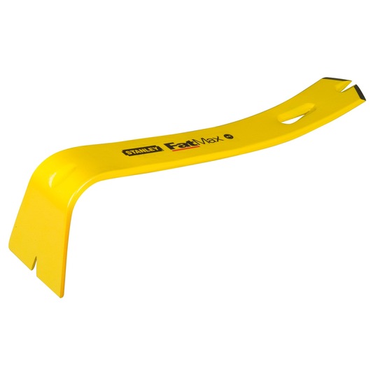Yellow Stanley FatMax pry bar with angled ends and nail slots, used for demolition and prying tasks.