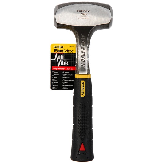Photo of STANLEY 1-56-001 lump hammer with black handle, silver head, FatMax and AntiVibe branding, front angle.
