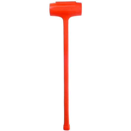 Bright orange sledgehammer with a long handle, photographed against a white background.