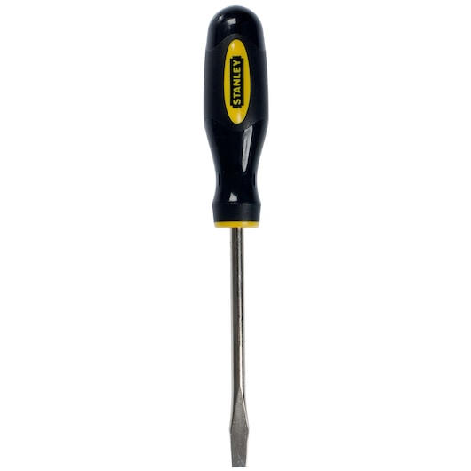 STANLEY 1-60-004 flathead screwdriver, black and yellow handle, front angle, photography on white background.