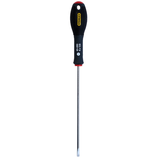 Stanley flathead screwdriver with black handle and metal shaft, model 1-65-093, shown on white background.