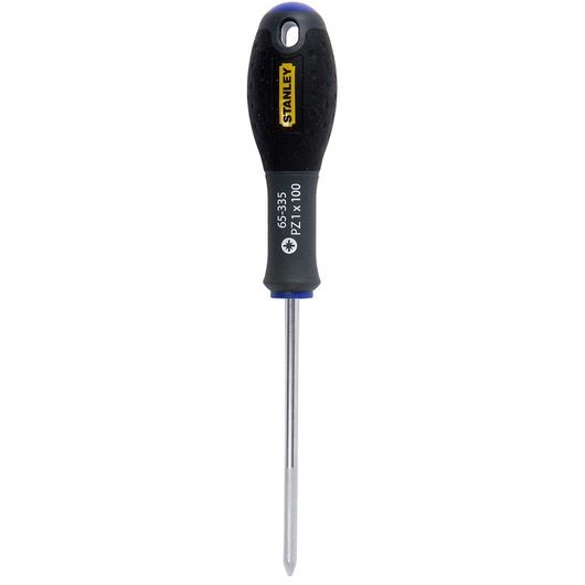 STANLEY 1-65-335 Pozidriv screwdriver with black and yellow handle, straight-on view, white background.