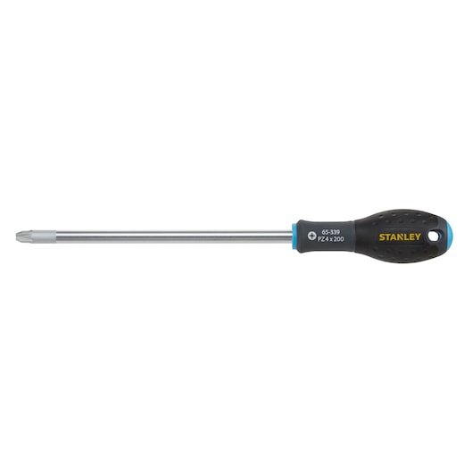 Stanley long Pozidriv screwdriver with black handle and silver shaft, suitable for detailed screw work.