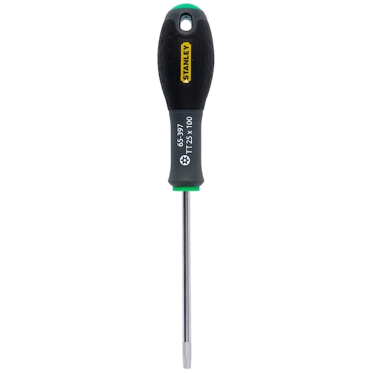 Stanley Torx screwdriver with black handle, green tip, and metal shaft, model 1-65-397, size T25 x 100.