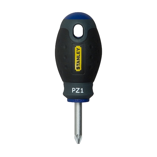 Photo of STANLEY 1-65-408 stubby Pozidriv screwdriver, black handle, front view on white background.