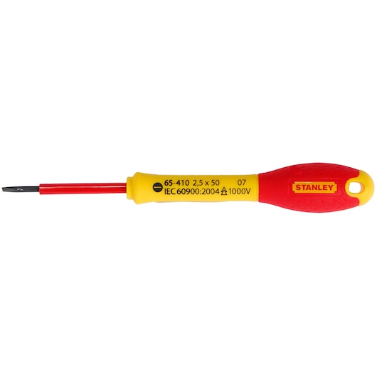 Stanley insulated screwdriver 1-65-410, yellow and red handle, flat blade, side angle on white background.