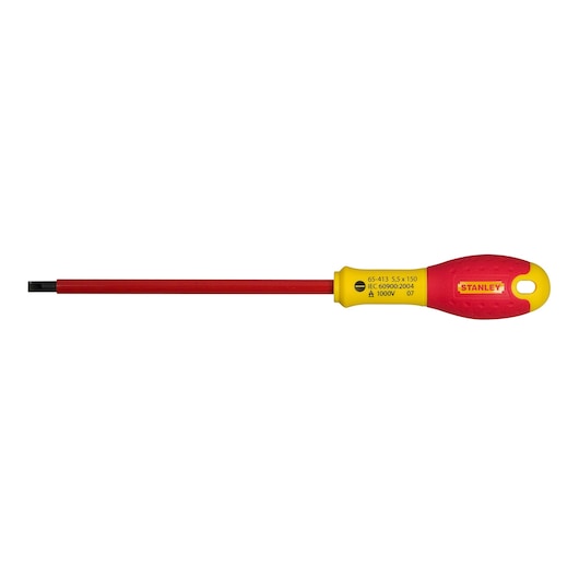 STANLEY 1-65-413 insulated flathead screwdriver, red and yellow handle, side angle, on white background.