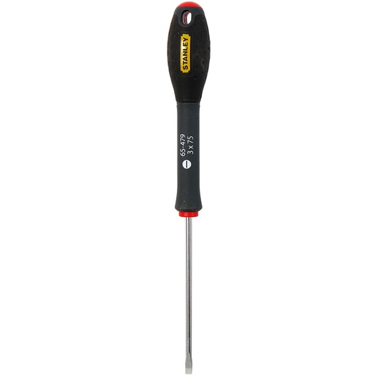 Stanley flathead screwdriver with black handle and silver shaft, model 1-65-479, size 3x75mm.