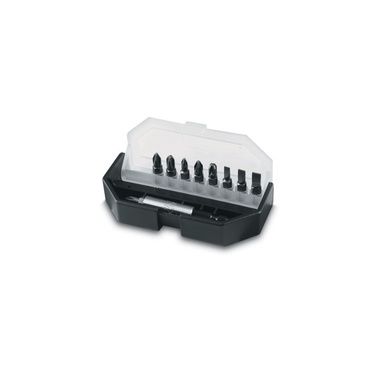 STANLEY 1-68-734 bit set with magnetic holder in black plastic case, clear lid, angled photo on white background.